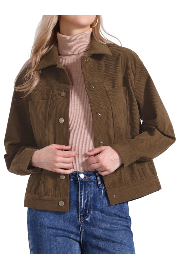 Corduroy Casual Long Sleeve Button Down Shacket Jacket XS Brown