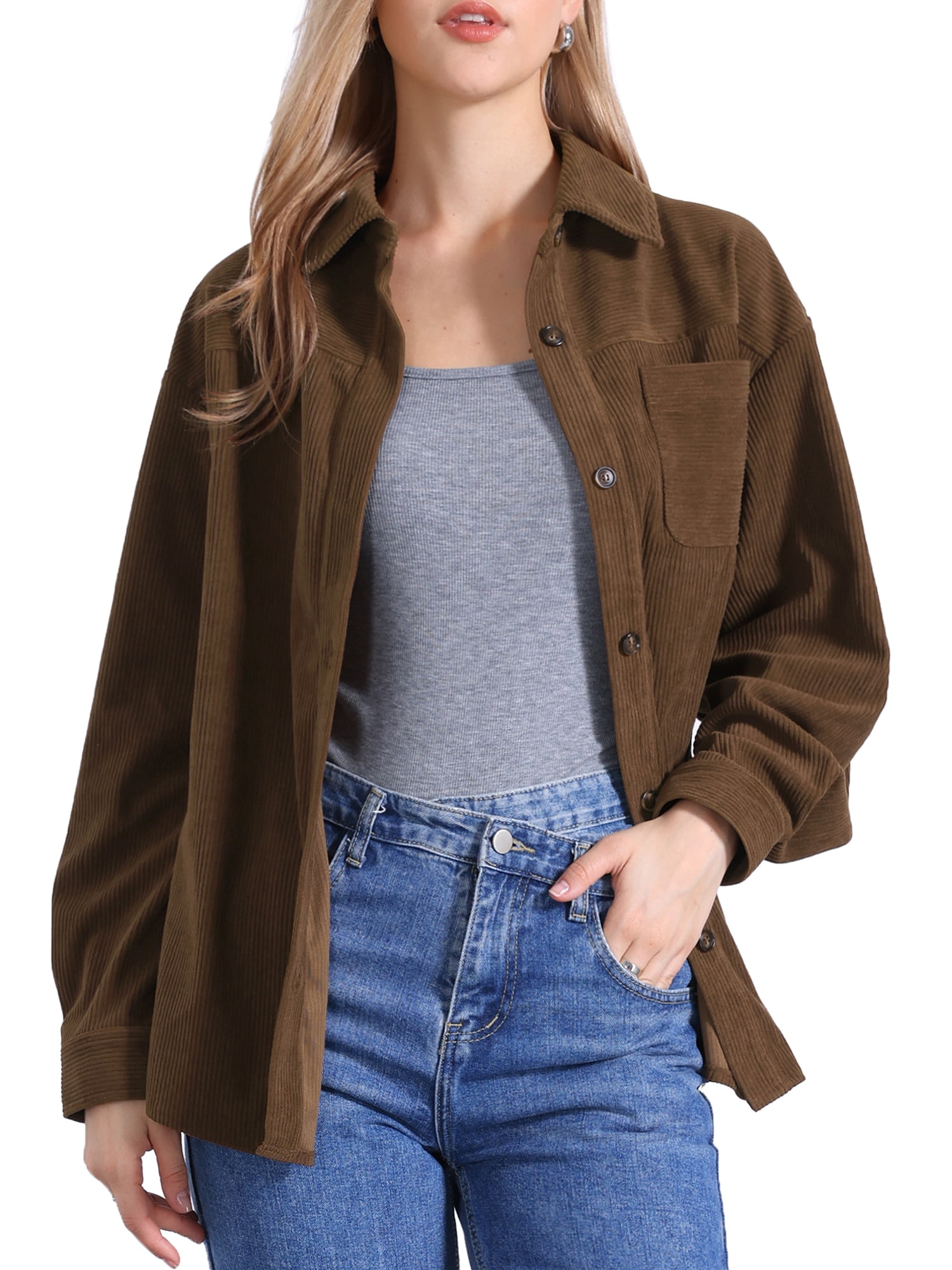 DARING DIVA Women's Oversized Button Down Corduroy Shirt Jacket XL Brown