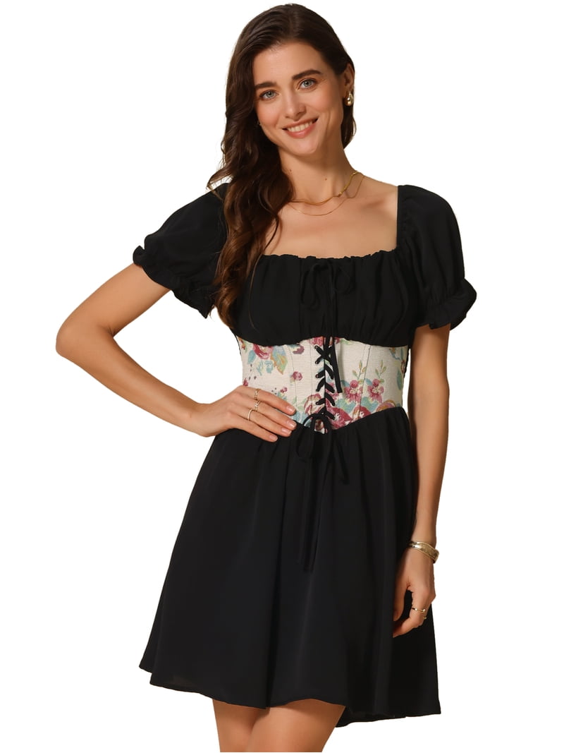 DARING DIVA Corset Short Square Neck Puff Sleeve Floral Lace Up Dress L Black
