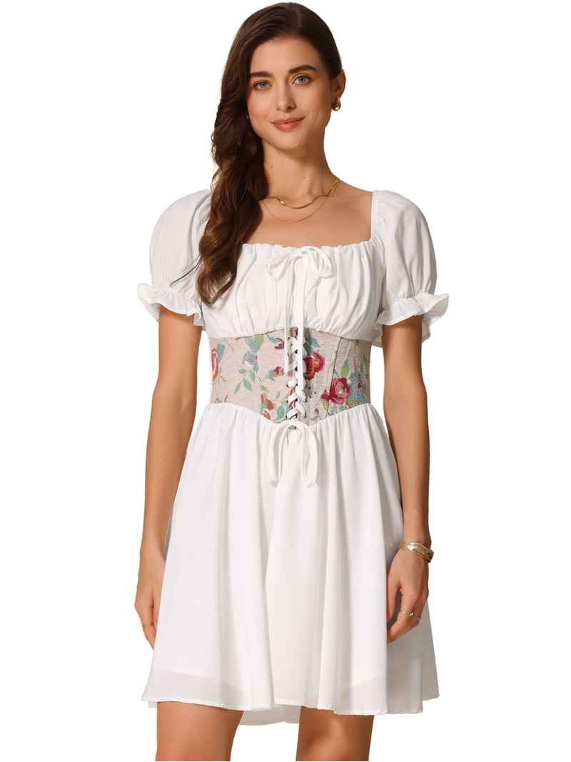 DARING DIVA Corset Short Square Neck Puff Sleeve Floral Lace Up Dress M White