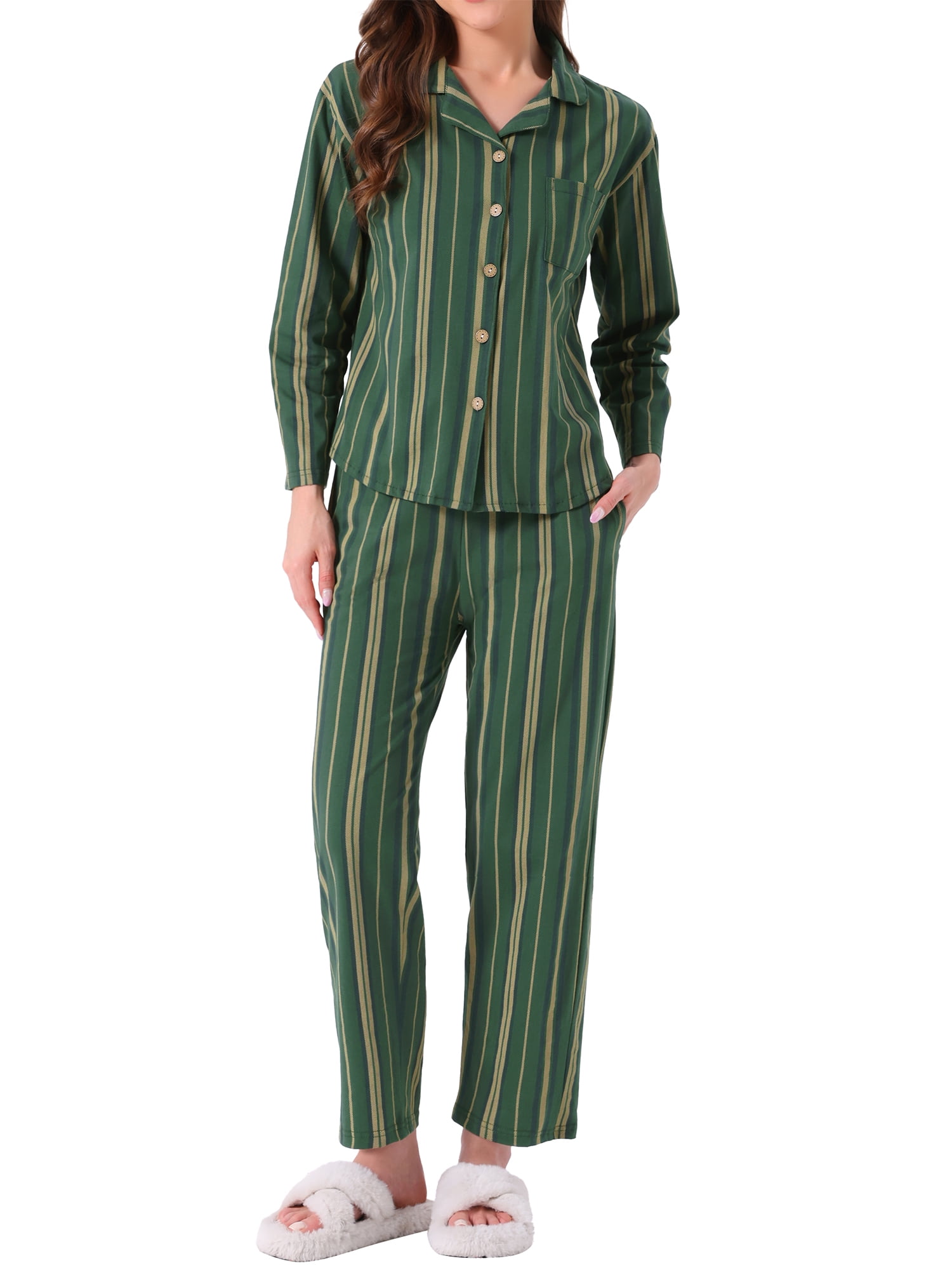 DARING DIVA Cotton Pajamas Button Down Pants Loungewear Set M Green