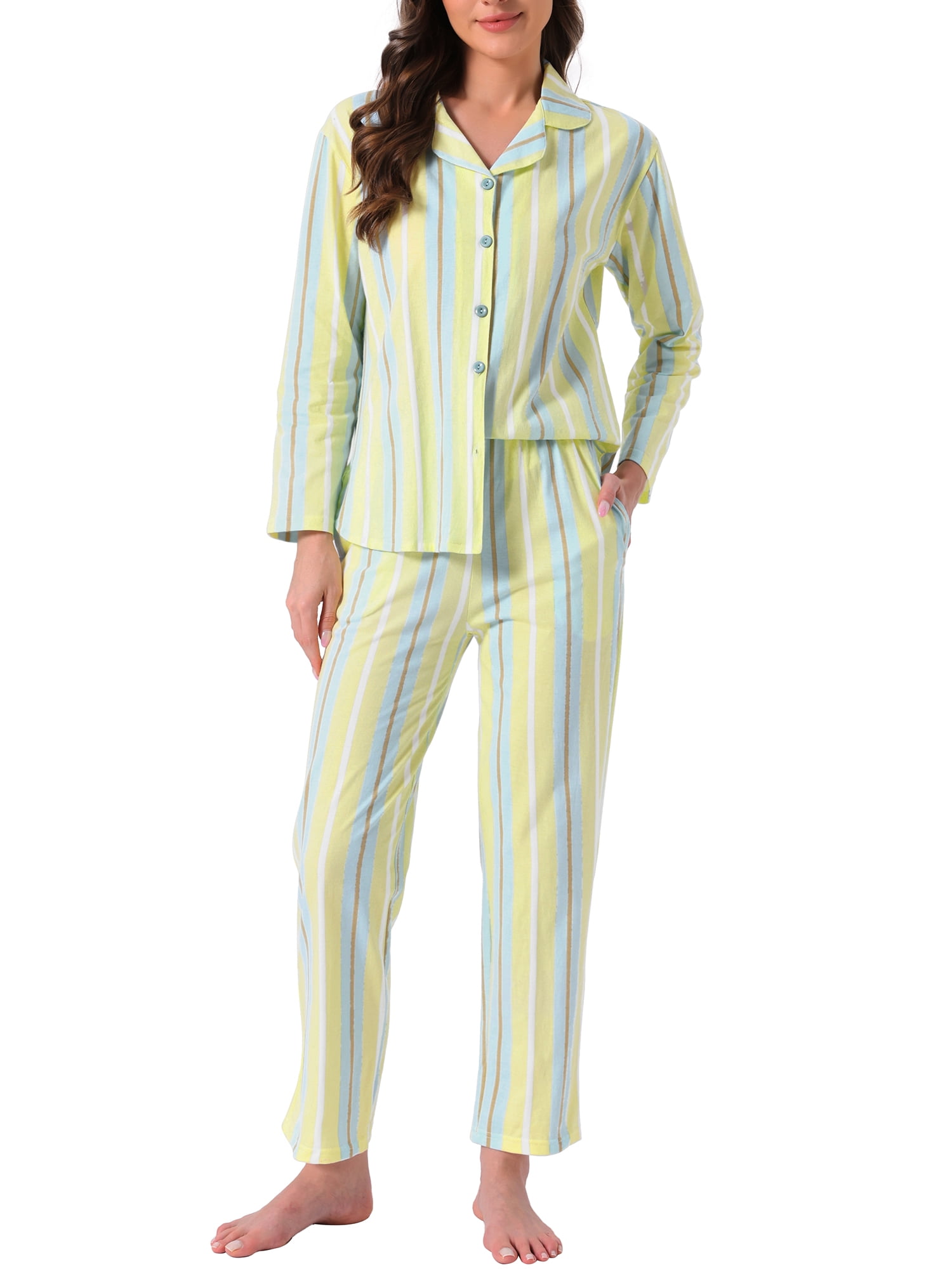 DARING DIVA Cotton Pajamas Button Down Pants Loungewear Set XS Yellow Stripe