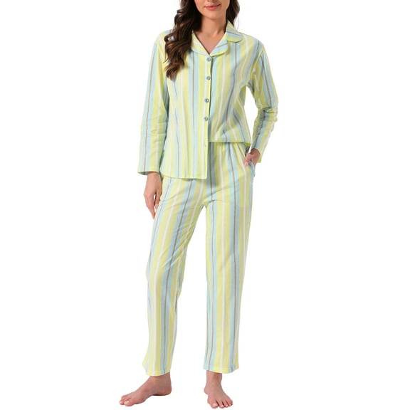 DARING DIVA Cotton Pajamas Button Down Pants Loungewear Set XS Yellow Stripe