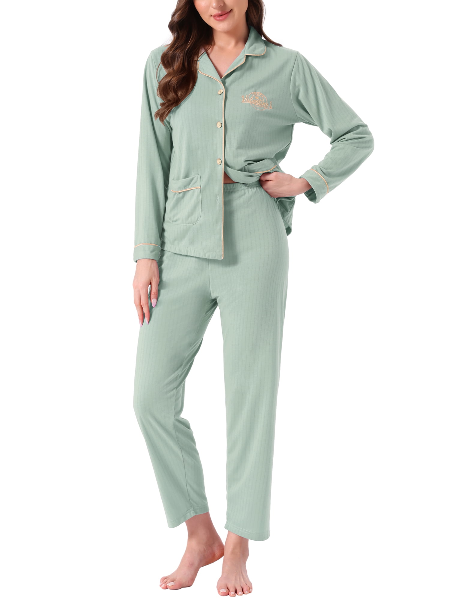 DARING DIVA Cotton Pajamas Long Sleeve Lounge Sets Button Down Pants 2XL Green