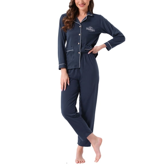 DARING DIVA Cotton Pajamas Long Sleeve Lounge Sets Button Down Pants 2XL Navy