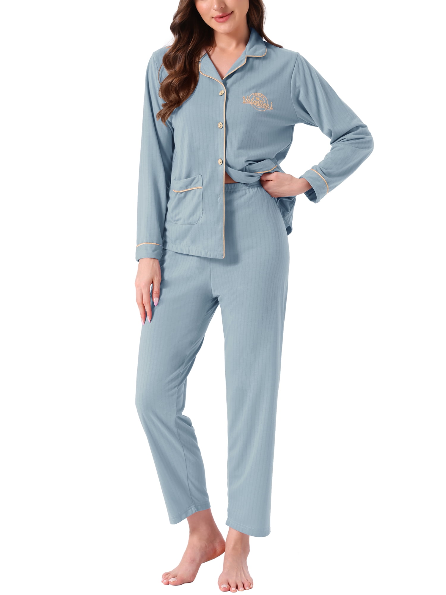 DARING DIVA Cotton Pajamas Long Sleeve Lounge Sets Button Down Pants L Blue