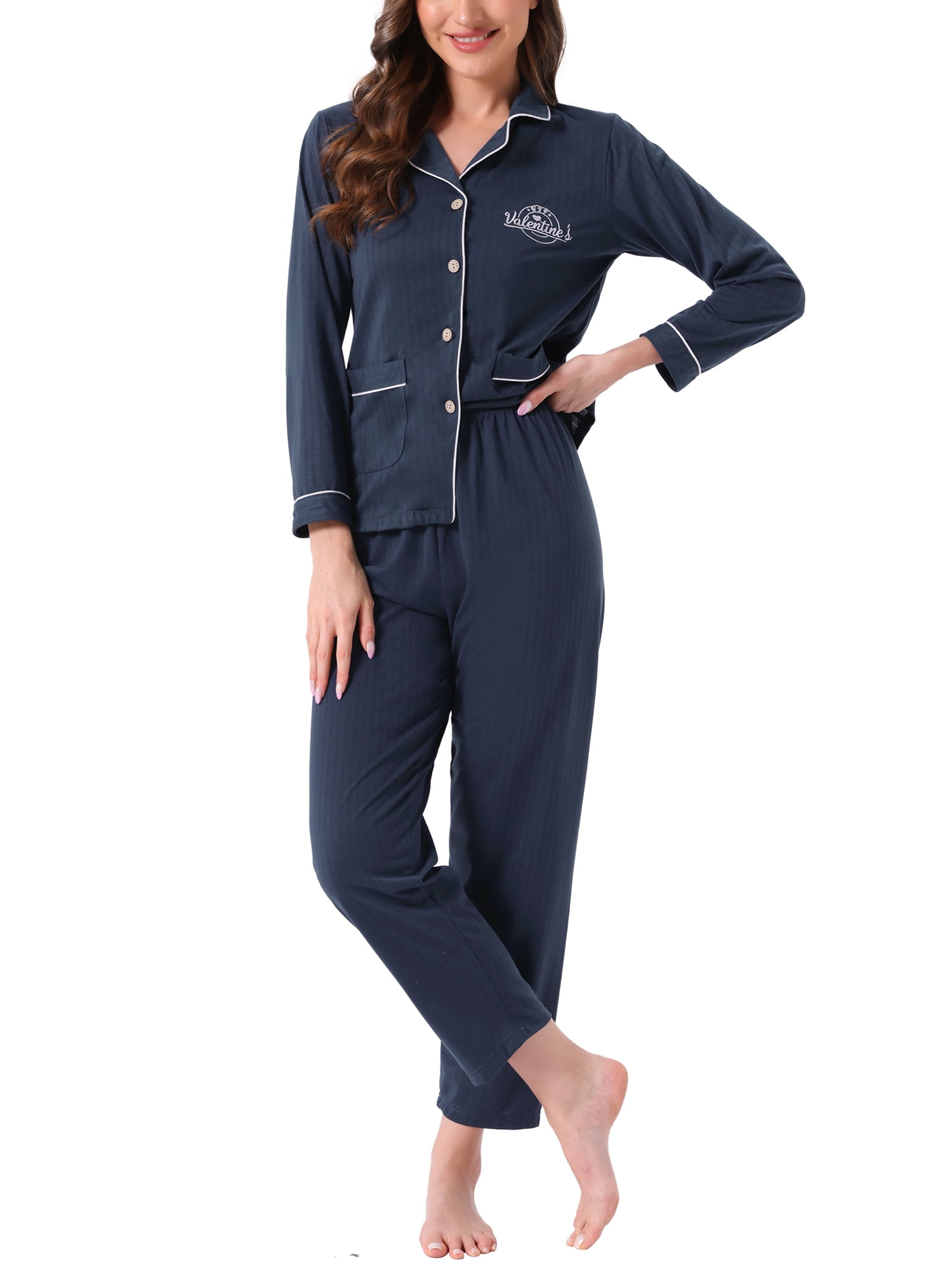 DARING DIVA Cotton Pajamas Long Sleeve Lounge Sets Button Down Pants M Navy
