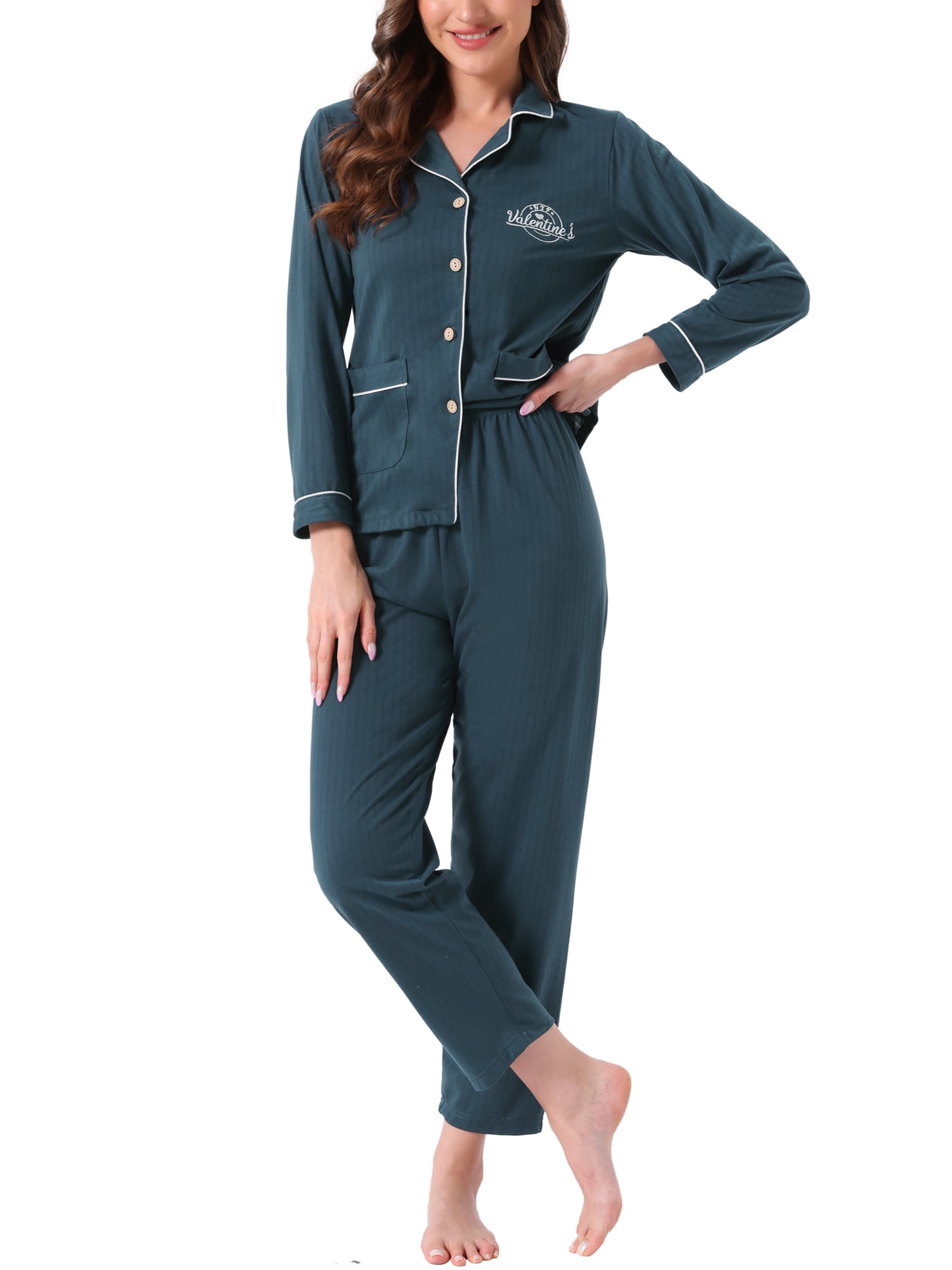 DARING DIVA Cotton Pajamas Long Sleeve Lounge Sets Button Down Pants S Lake Blue