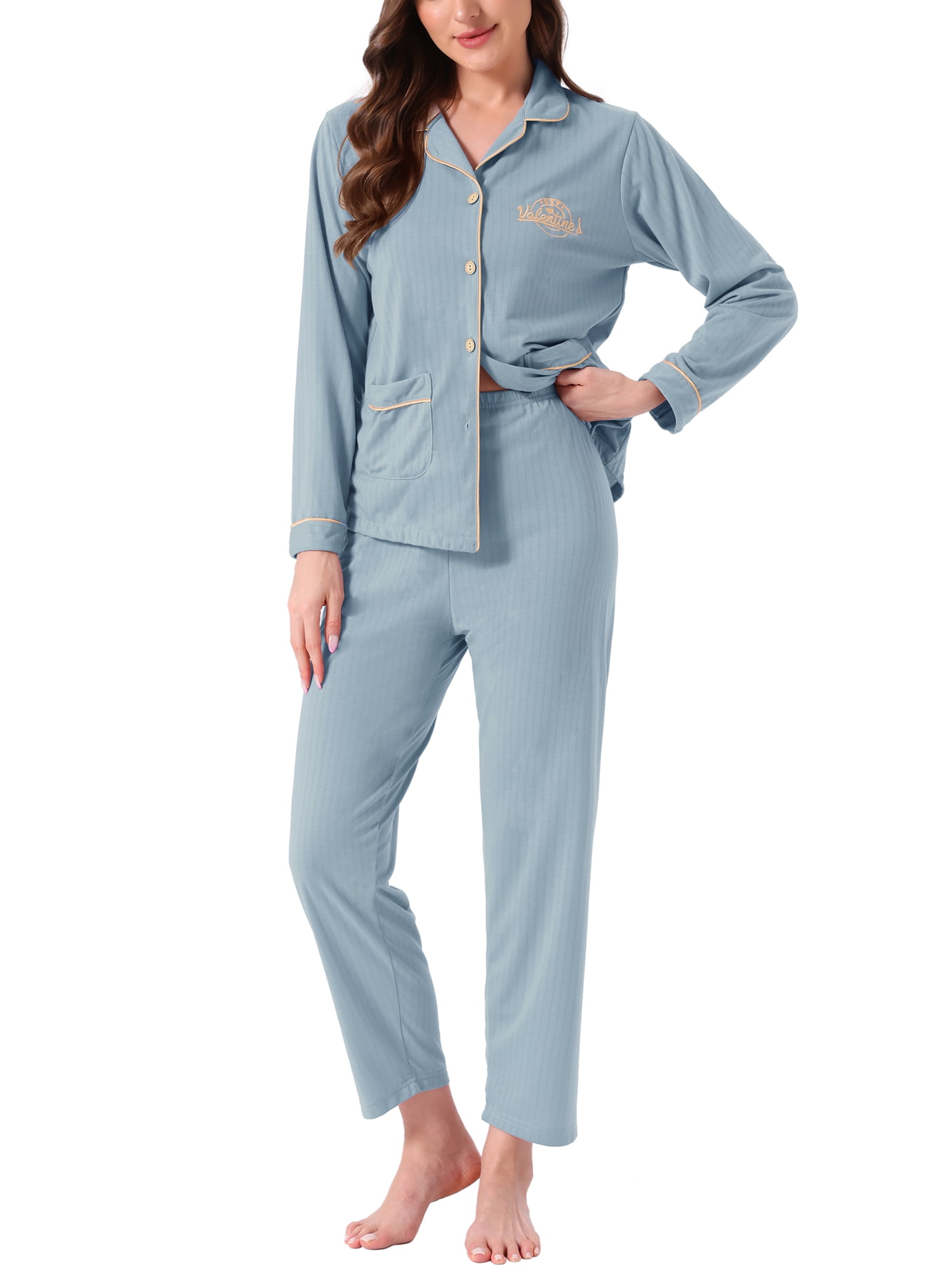 DARING DIVA Cotton Pajamas Long Sleeve Lounge Sets Button Down Pants XL Blue
