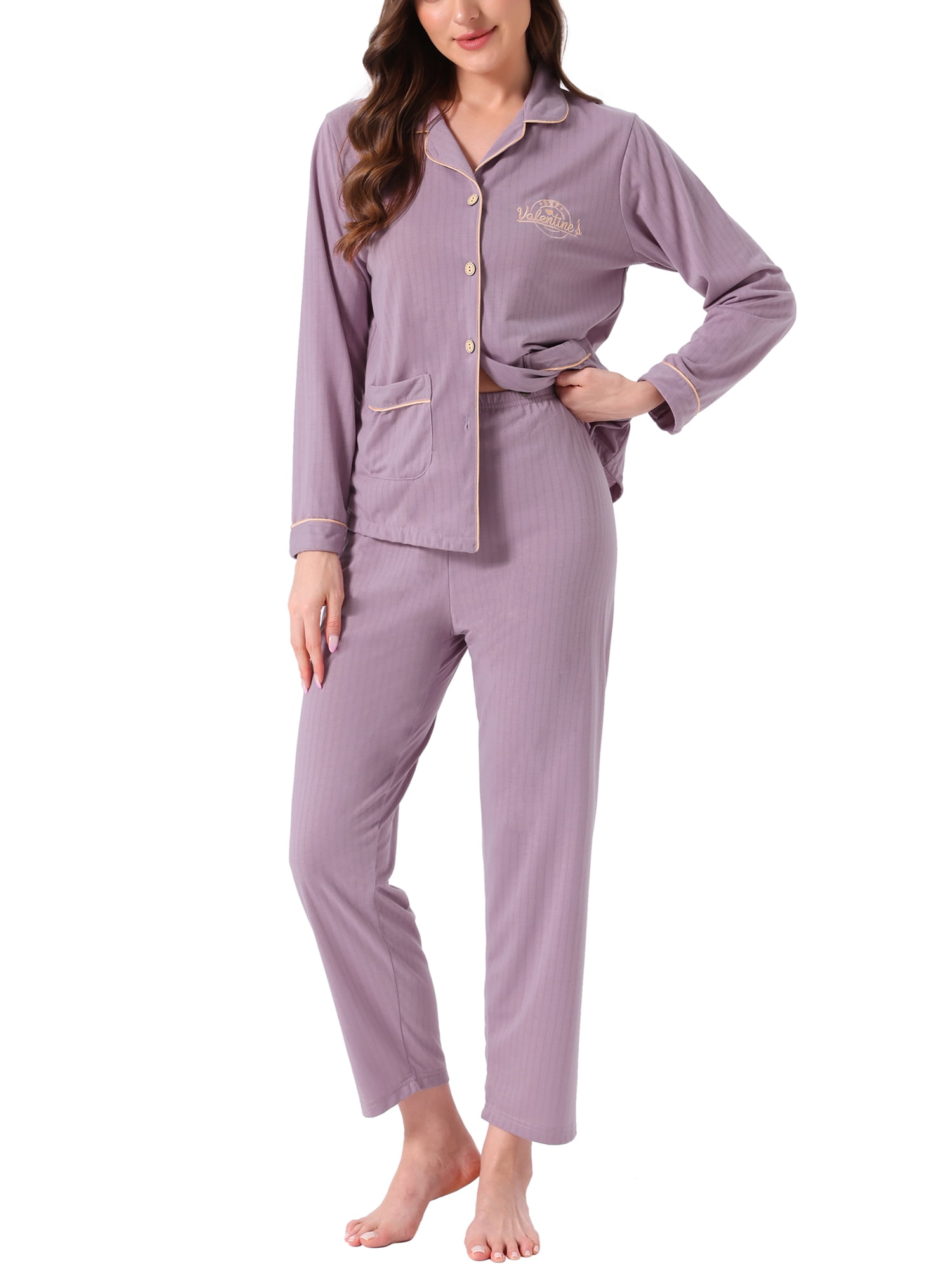 DARING DIVA Cotton Pajamas Long Sleeve Lounge Sets Button Down Pants XL Purple
