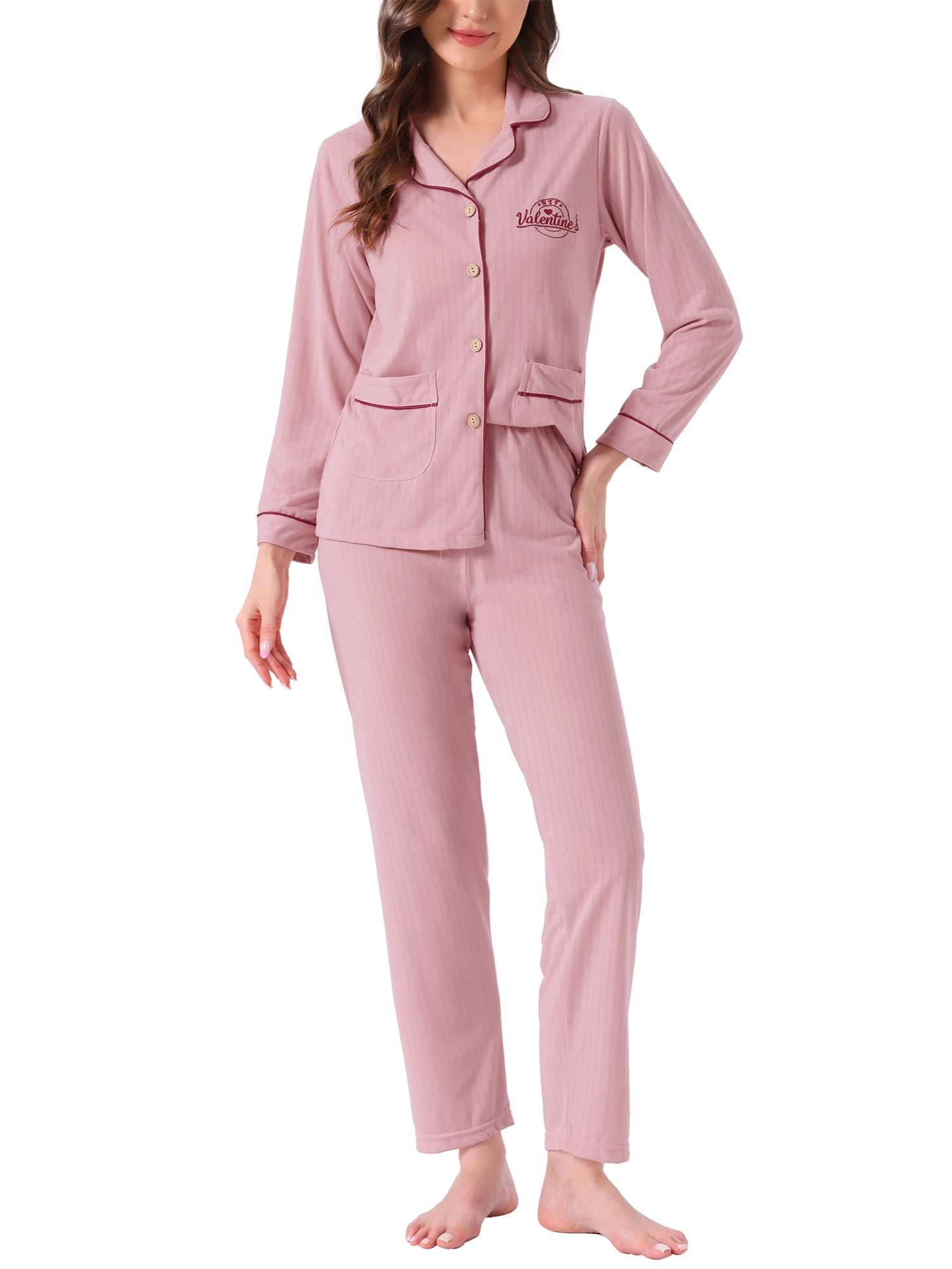 DARING DIVA Cotton Pajamas Long Sleeve Lounge Sets Button Down Pants XS Pink