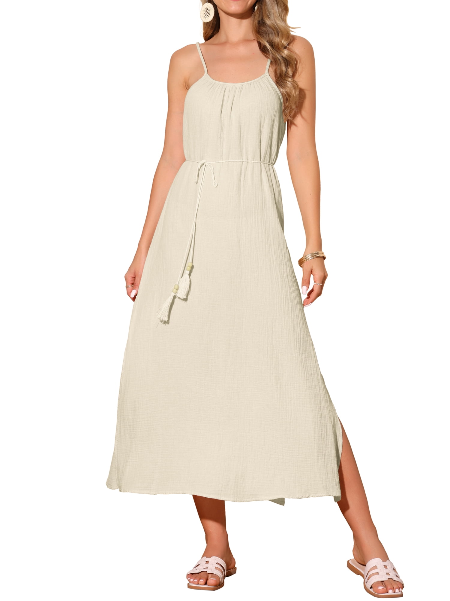 dress loose at waist Daring Diva Cotton Sleeveless Loose Tie Waist Spaghetti Strap Dress 2XL Beige, Women's