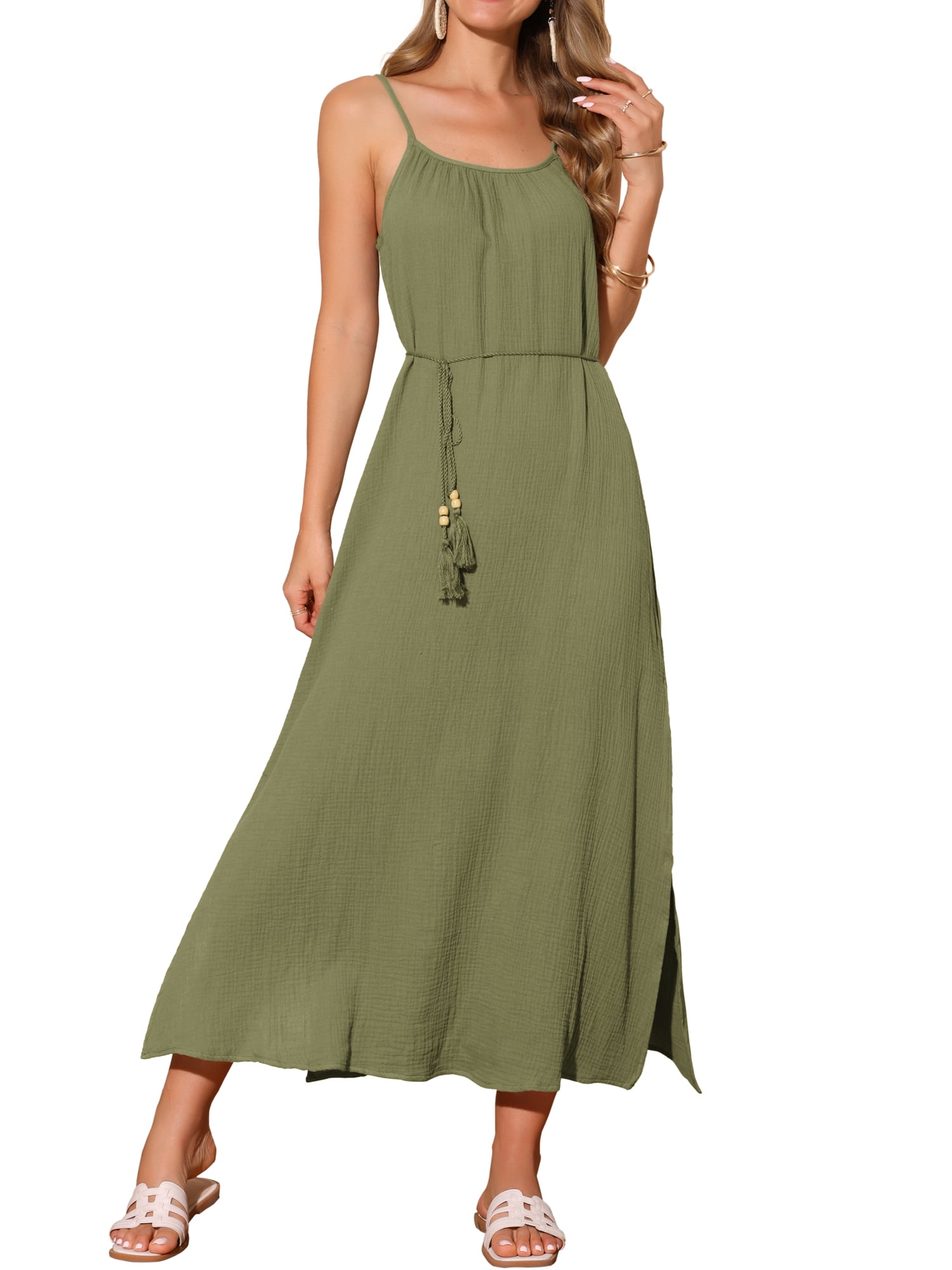 DARING DIVA Cotton Sleeveless Loose Tie Waist Spaghetti Strap Dress 2XL Green