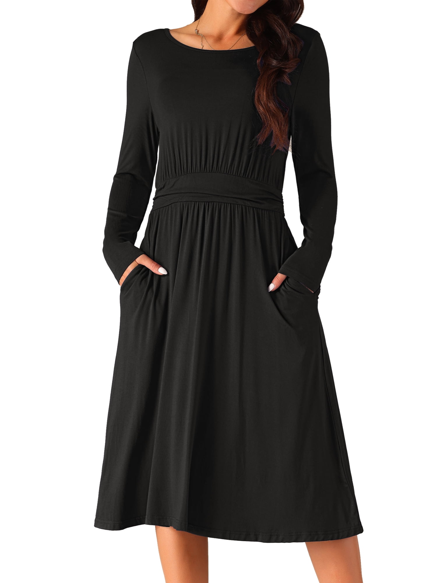 DARING DIVA Crew Neck Long Midi Sleeve Dress with Pockets L Black