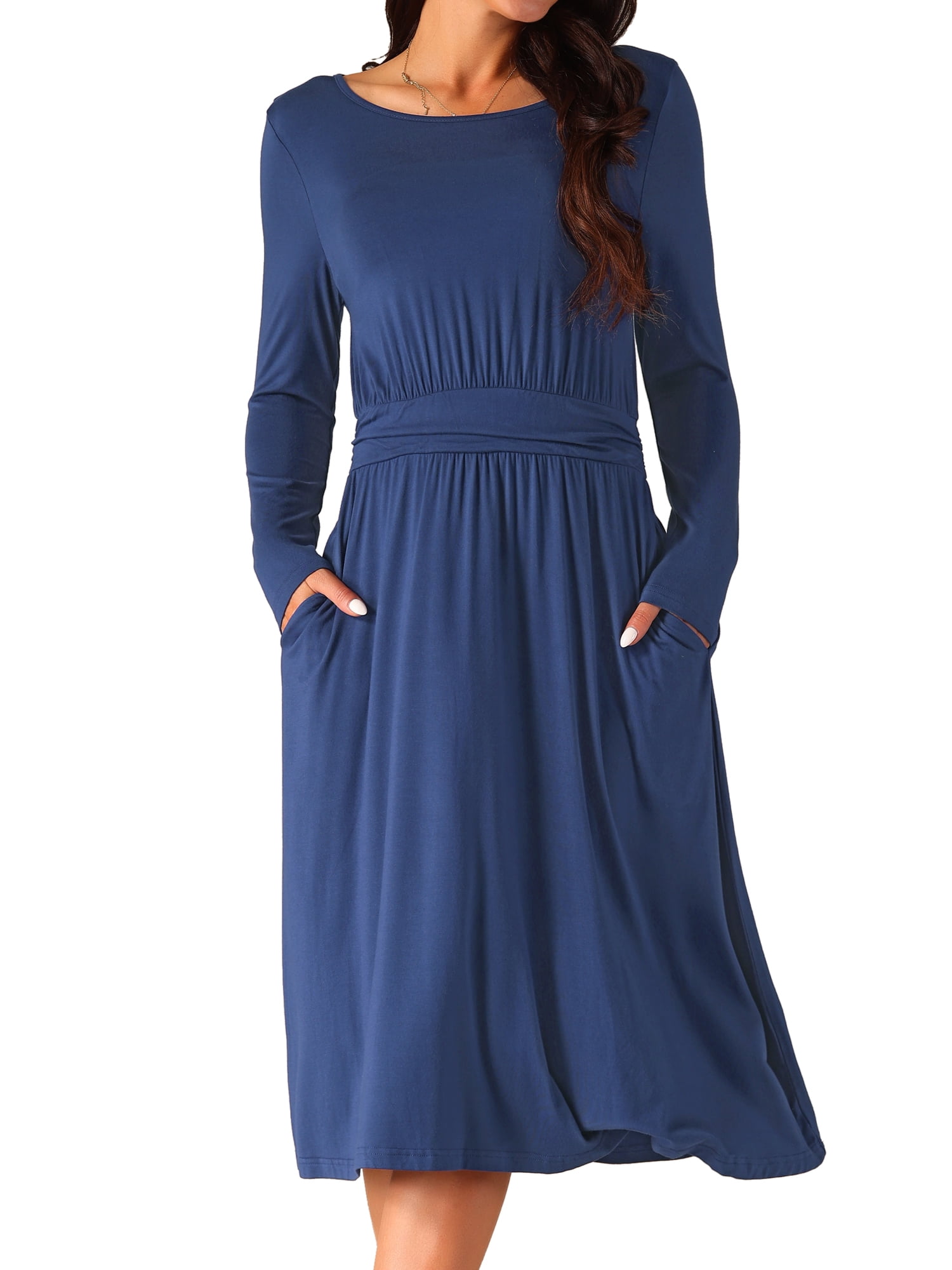 DARING DIVA Crew Neck Long Midi Sleeve Dress with Pockets XL Deep Blue