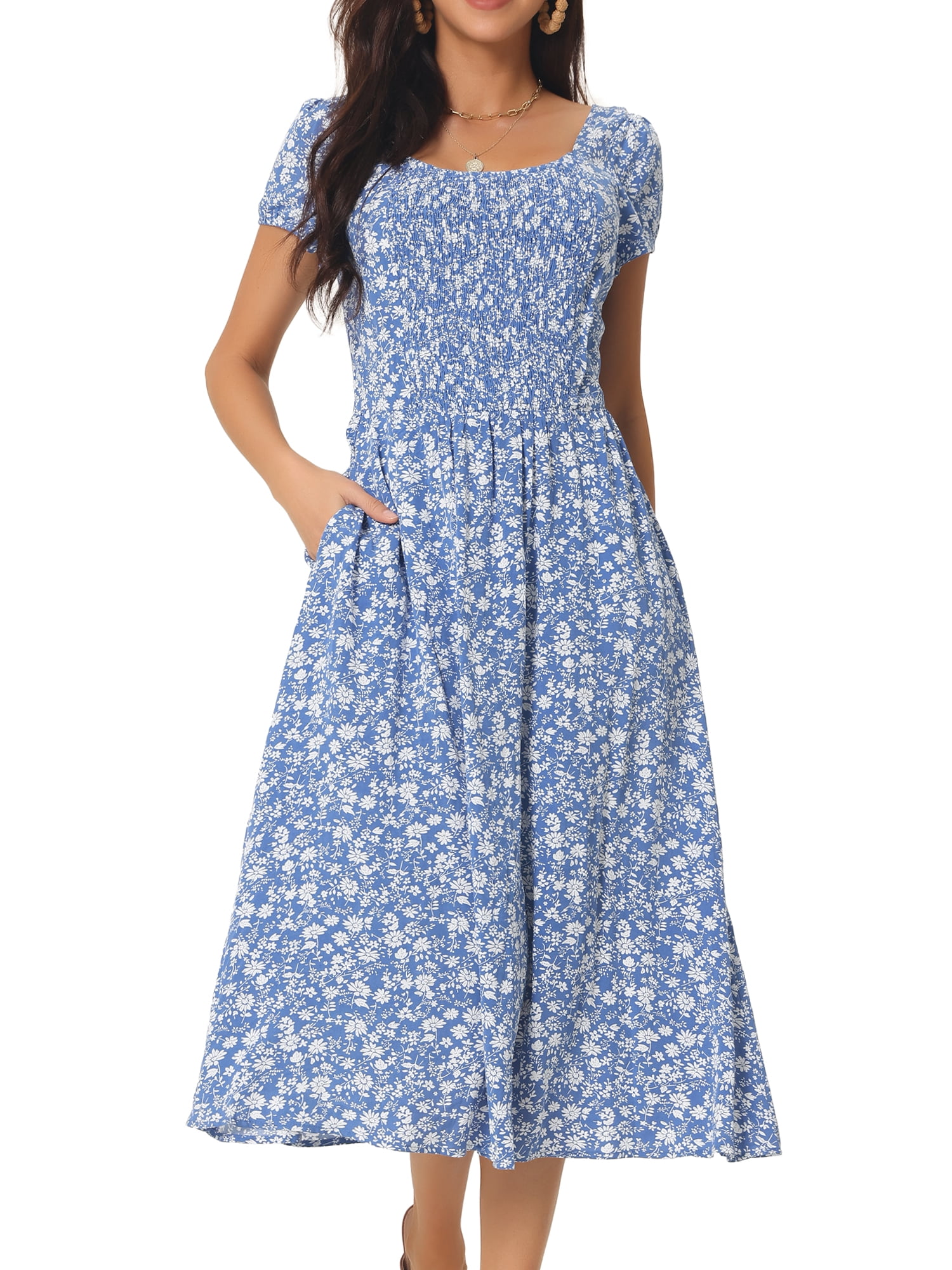 DARING DIVA Crew Neck Short Sleeve Midi Floral Blouse L Blue