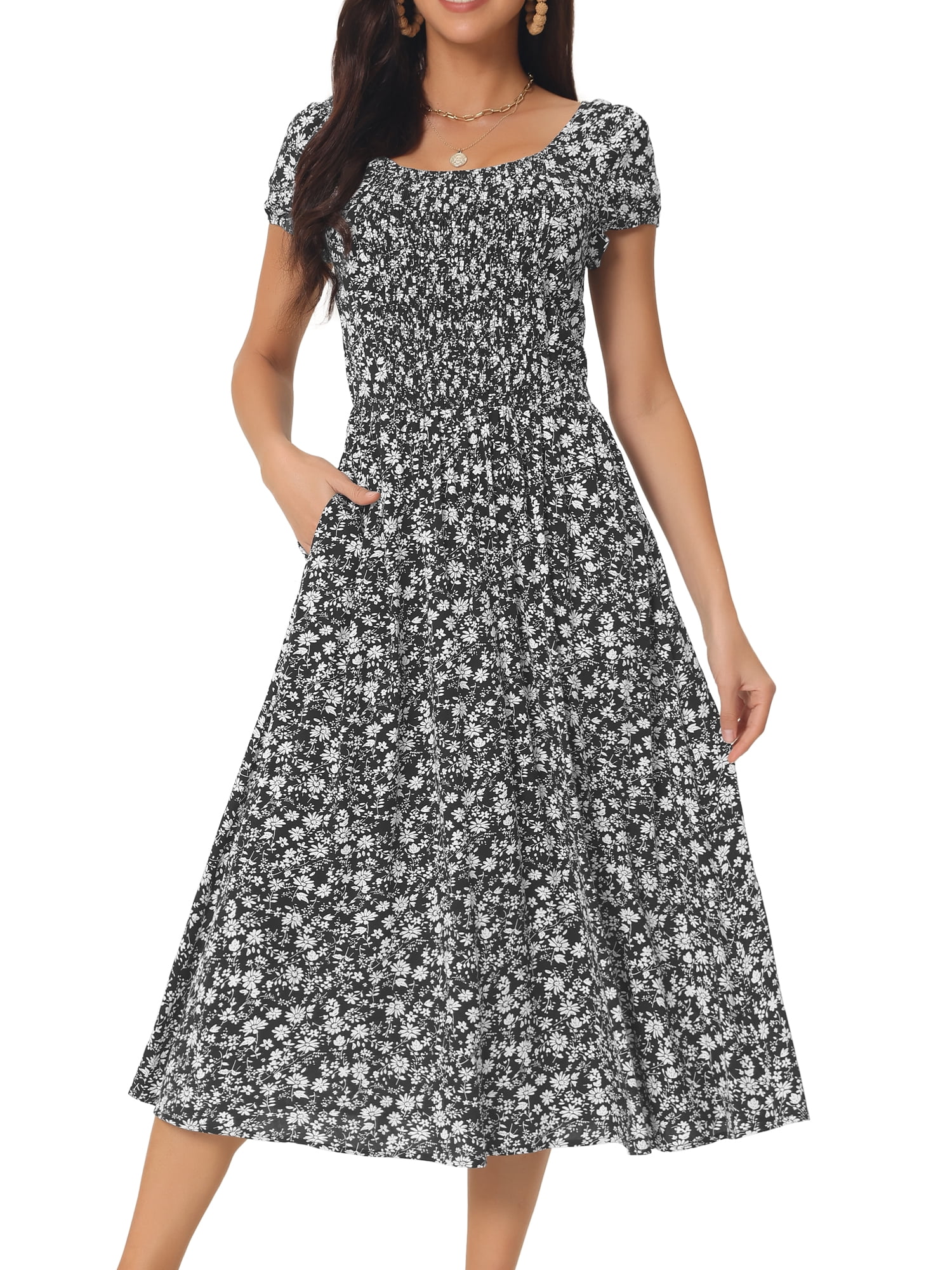 DARING DIVA Crew Neck Short Sleeve Midi Floral Blouse M Black