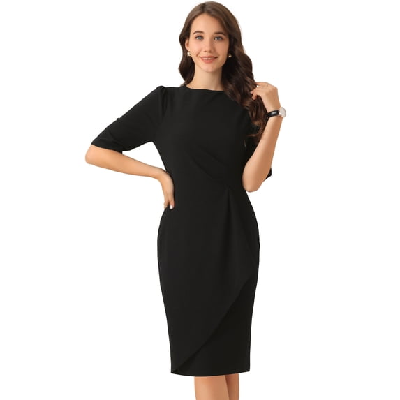 DARING DIVA Crew Neck Short Sleeve Trendy Ruched Dress S Black