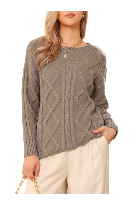 Crewneck Fall Chunky Cable Knit Pullover Sweater XS Light Brown