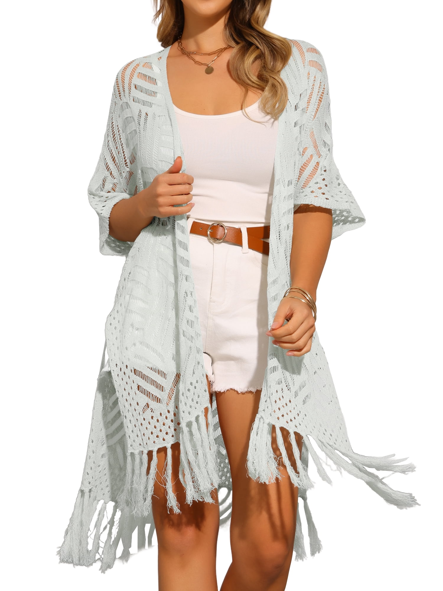 DARING DIVA Crochet Short Sleeve Open Front Lightweight Boho Cardigan M Grey Green
