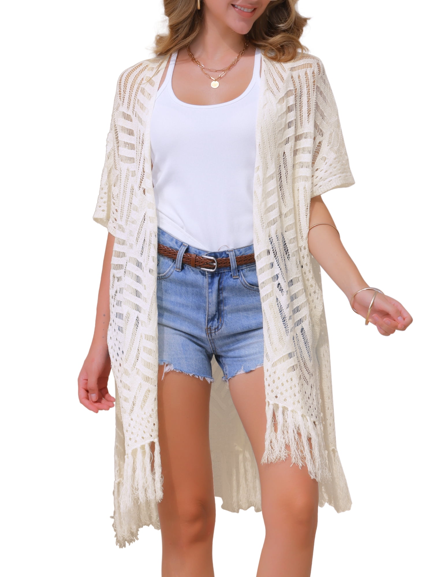 DARING DIVA Crochet Short Sleeve Open Front Lightweight Boho Cardigan M White
