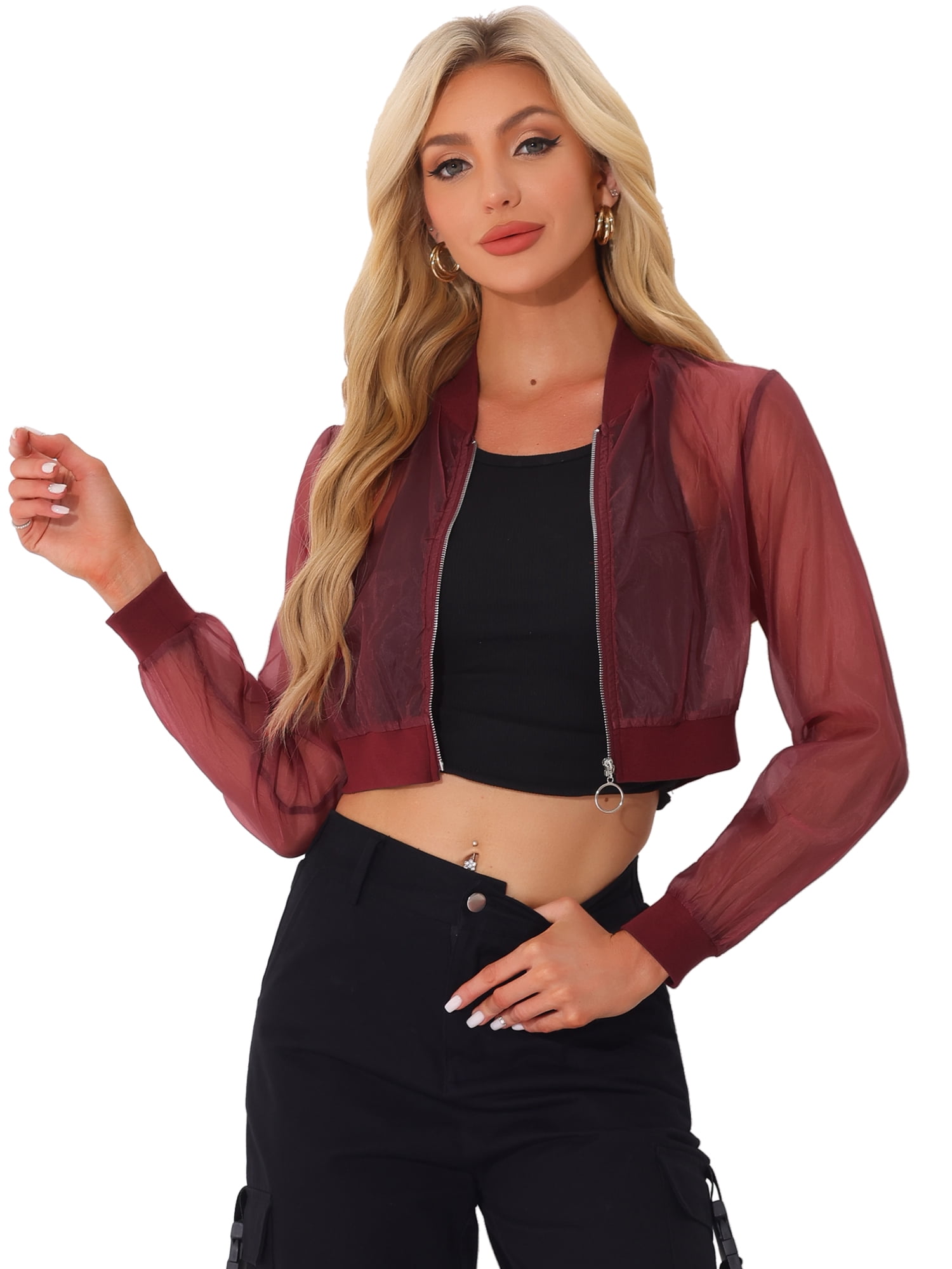 DARING DIVA Crop Bomber Casual Lightweight Zip Up Jackets S Burgundy