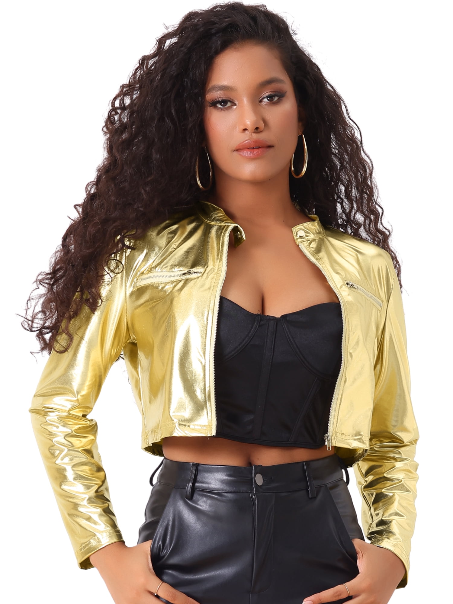 DARING DIVA Women's Cropped Jacket Metallic Stand Collar Long Sleeve Crop Jackets XS Gold