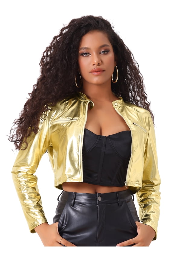 Cropped Metallic Stand Collar Zipper Long Sleeve Jacket XS Gold