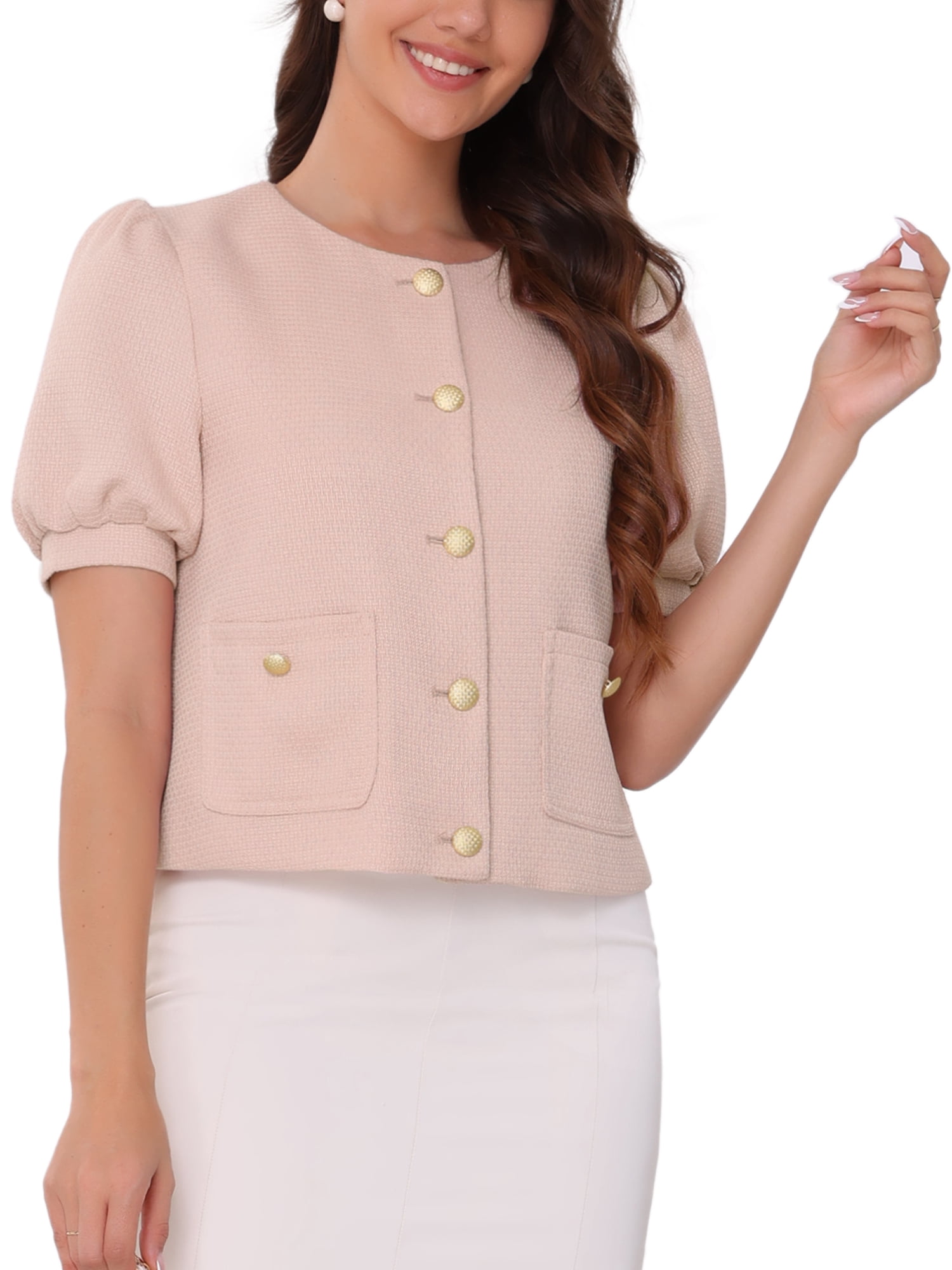 DARING DIVA Cropped Tweed Puff Short Sleeve Crew Neck Office Blazer M Light Pink