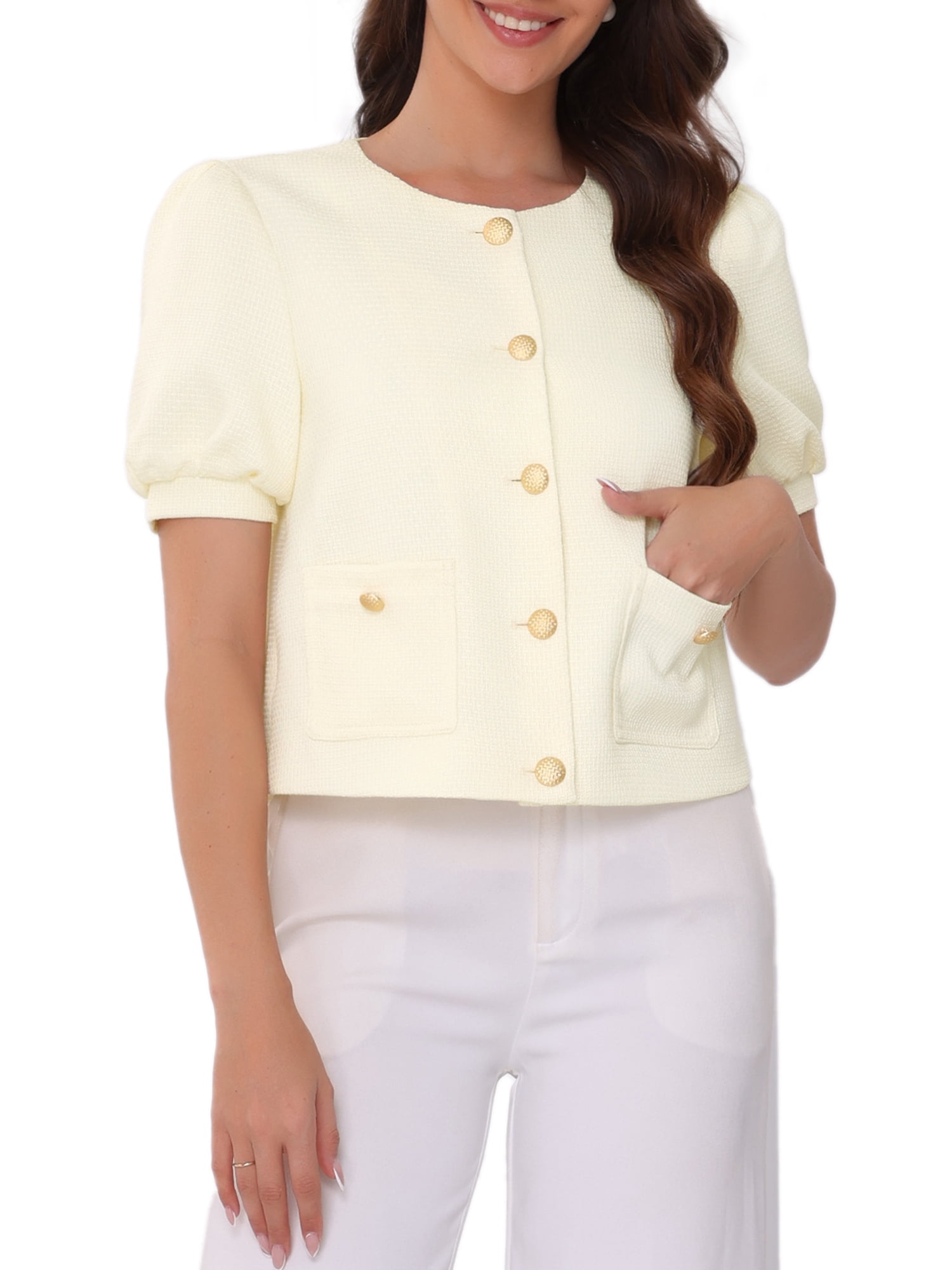 DARING DIVA Cropped Tweed Puff Short Sleeve Crew Neck Office Blazer XL Beige