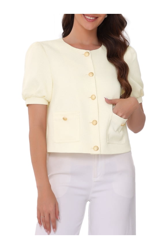 Cropped Tweed Puff Short Sleeve Crew Neck Office Blazer XL Beige