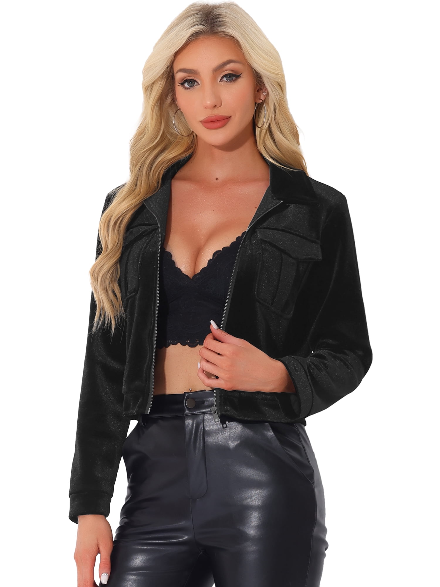 DARING DIVA Cropped Velvet Long Sleeve Zip Up Jacket M Black