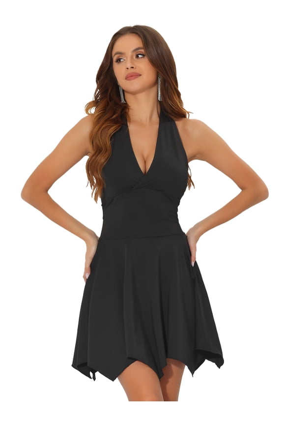 Deep V Neck Backless Skater Mini Blouse XL Black