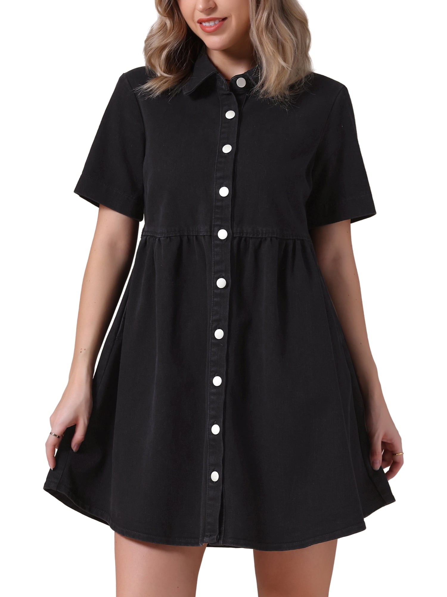 DARING DIVA Women's Denim Babydoll Collared Short Sleeve Button Down Dress S Black
