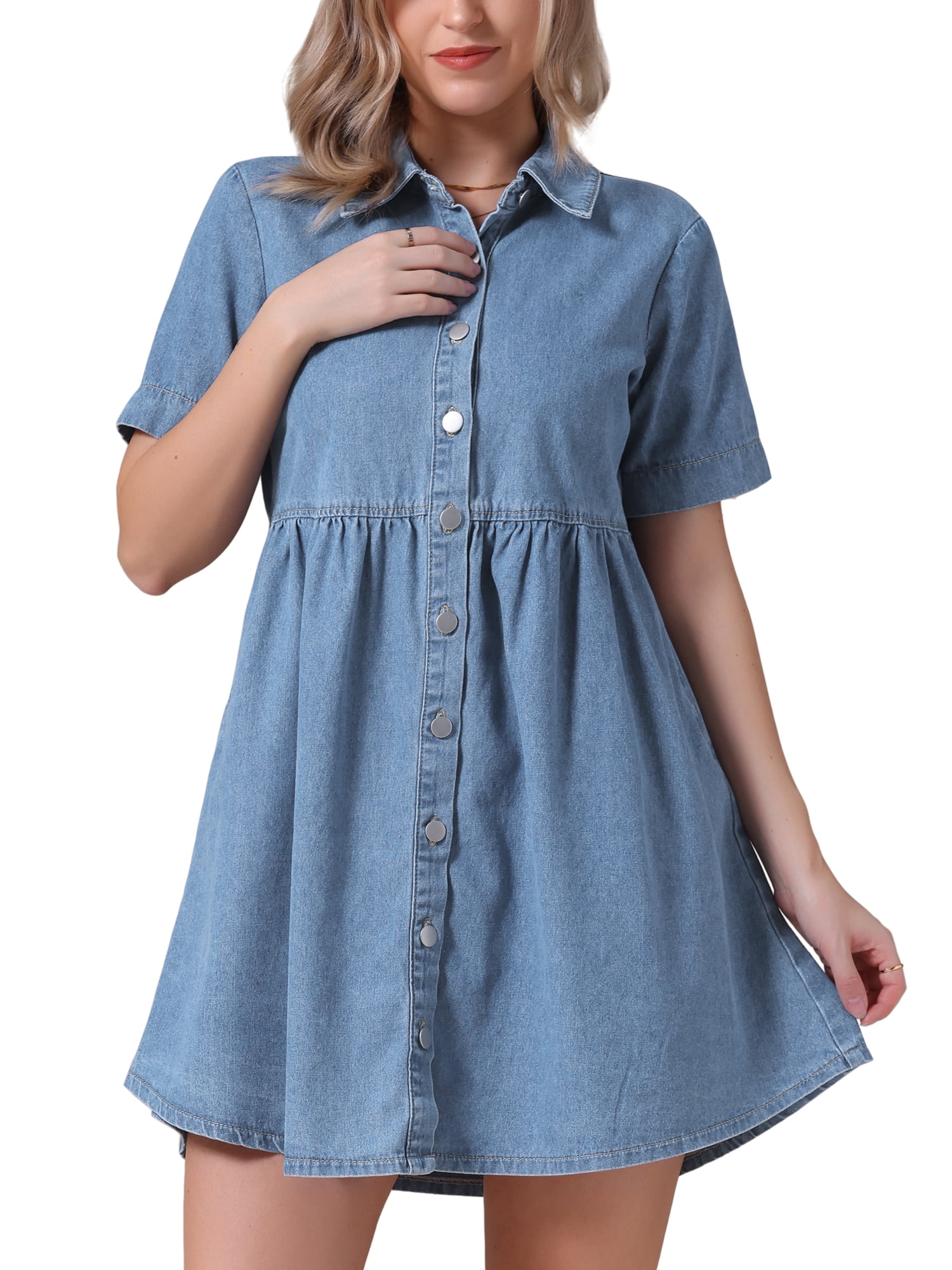 DARING DIVA Women's Denim Babydoll Collared Short Sleeve Button Down Dress S Light Blue