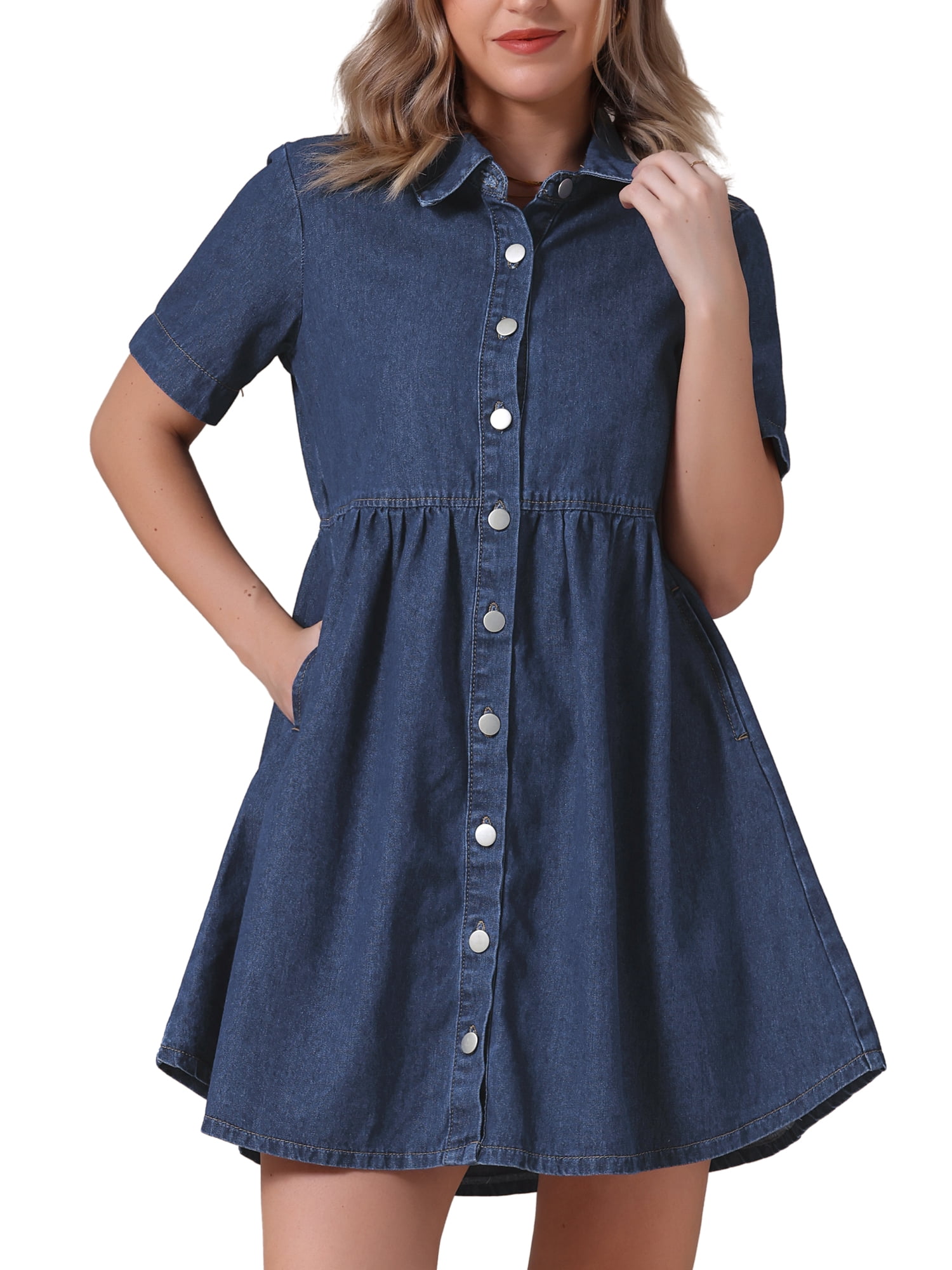 DARING DIVA Women's Denim Babydoll Collared Short Sleeve Button Down Dress XL Deep Blue