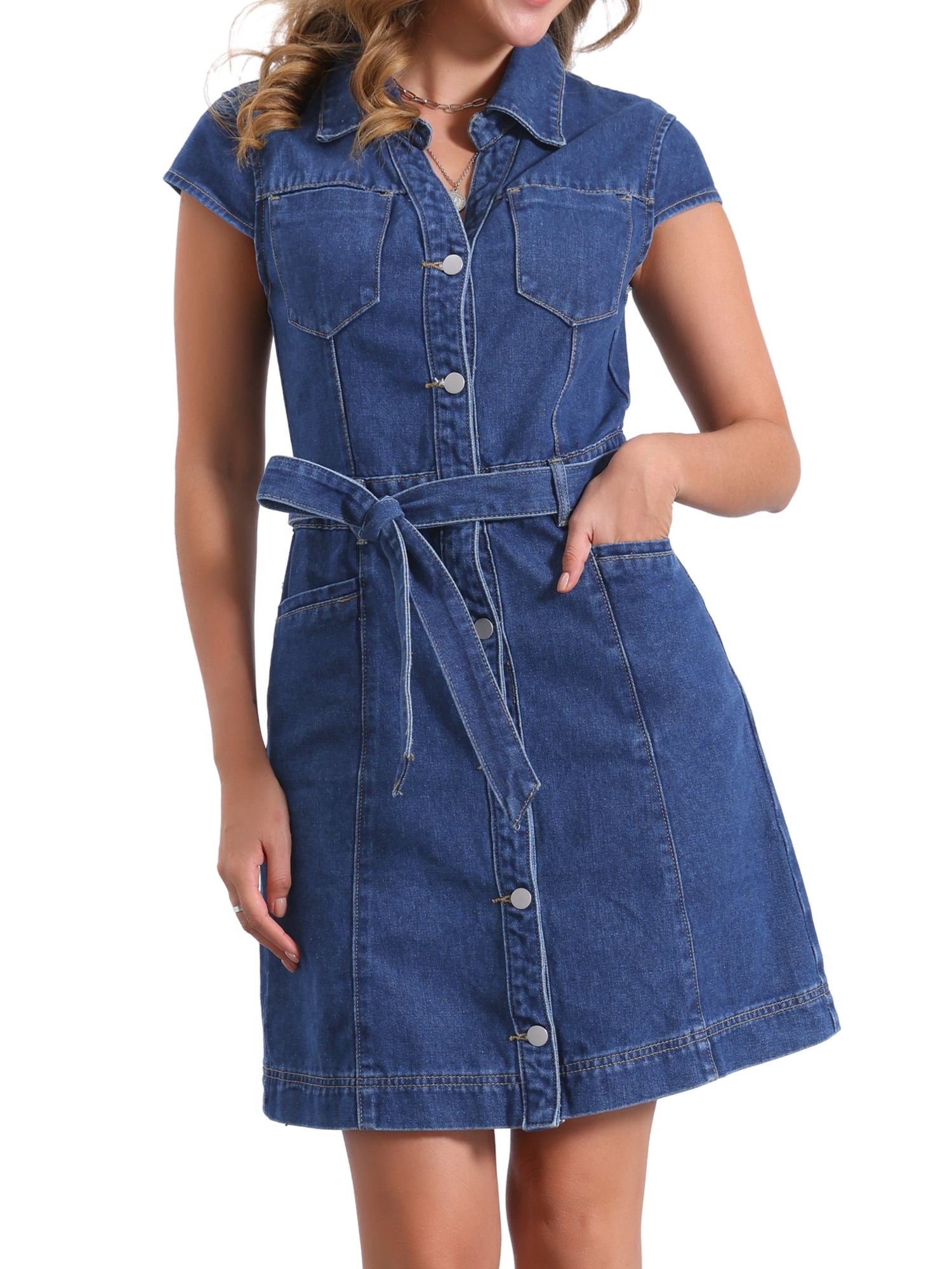 DARING DIVA Women's Cap Sleeve Belted Button Down V Neck Jean Shirt Dress S Dark Blue