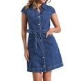 thumbnail image 1 of DARING DIVA Denim  Cap Sleeve Belted Button Down V Neck Dress XS Dark Blue, 1 of 6
