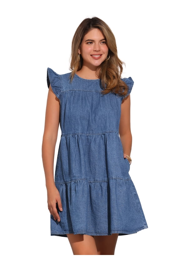 Denim Casual Cap Sleeves Tiered Mini Dress S Blue