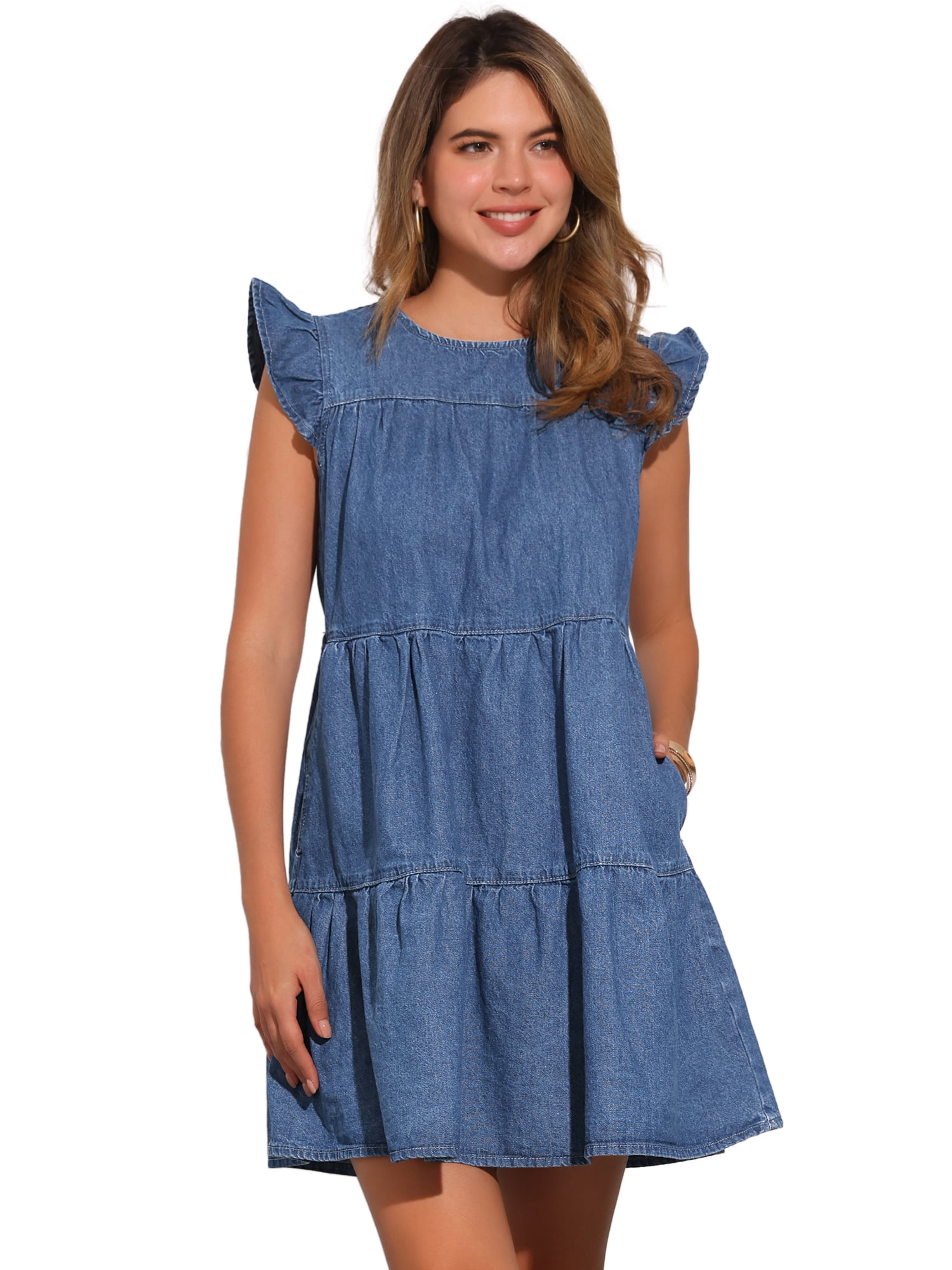 DARING DIVA Denim Casual Cap Sleeves Tiered Mini Dress XS Blue