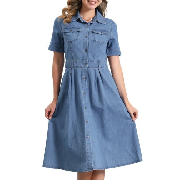 DARING DIVA Denim Collared Short Sleeve A-Line Midi Dress M Light Blue