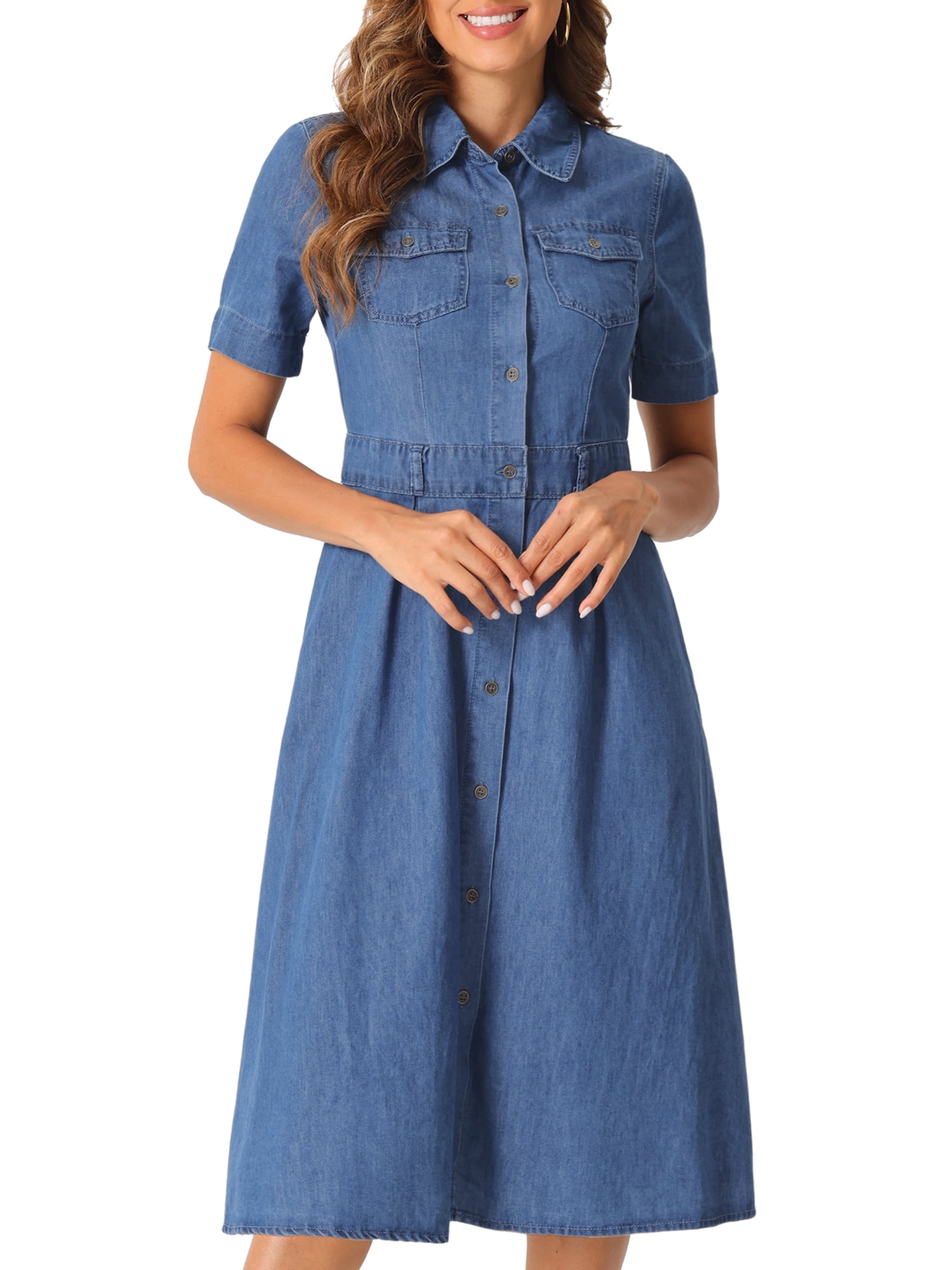 DARING DIVA Denim Collared Short Sleeve A-Line Midi Dress S Blue