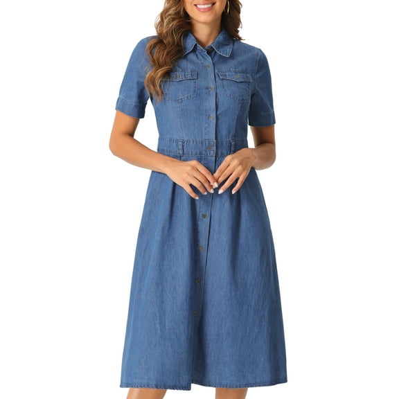DARING DIVA Denim Collared Short Sleeve A-Line Midi Dress S Blue
