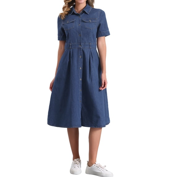 DARING DIVA Denim Collared Short Sleeve A-Line Midi Dress S Dark Blue