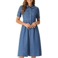 thumbnail image 1 of DARING DIVA Denim Collared Short Sleeve A-Line Midi Dress XS Blue, 1 of 6