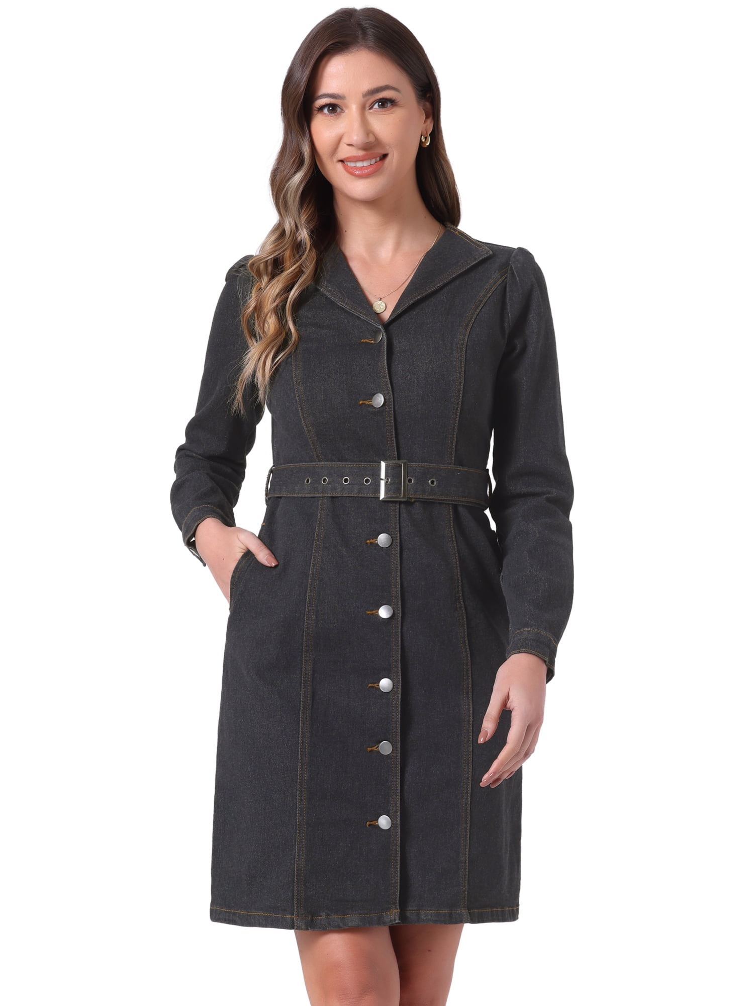 DARING DIVA Denim Dress Notched Lapel Button Down Dress XS Black