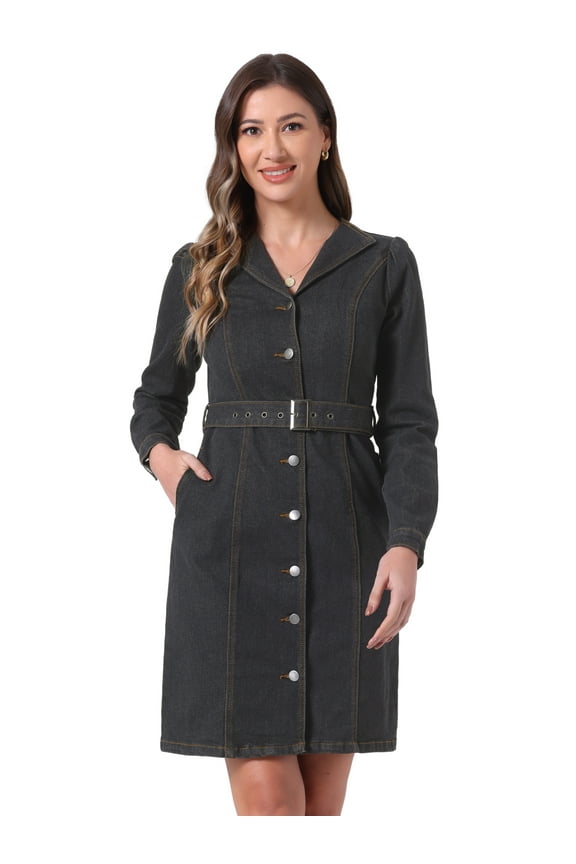 Denim Dress Notched Lapel Button Down Dress XS Black