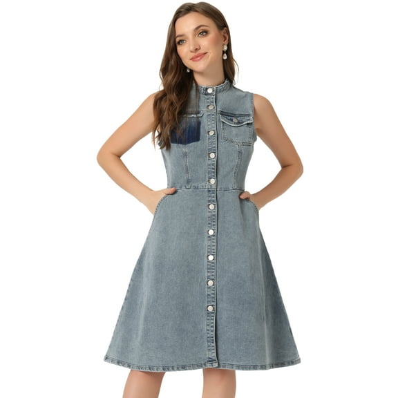 DARING DIVA Denim Midi Casual Sleeveless Distressed Jean Dress S Dusty Blue