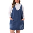 thumbnail image 1 of DARING DIVA Denim Overall Sleeveless V Neck Denim Jumper Dress 3X Dark Blue, 1 of 5