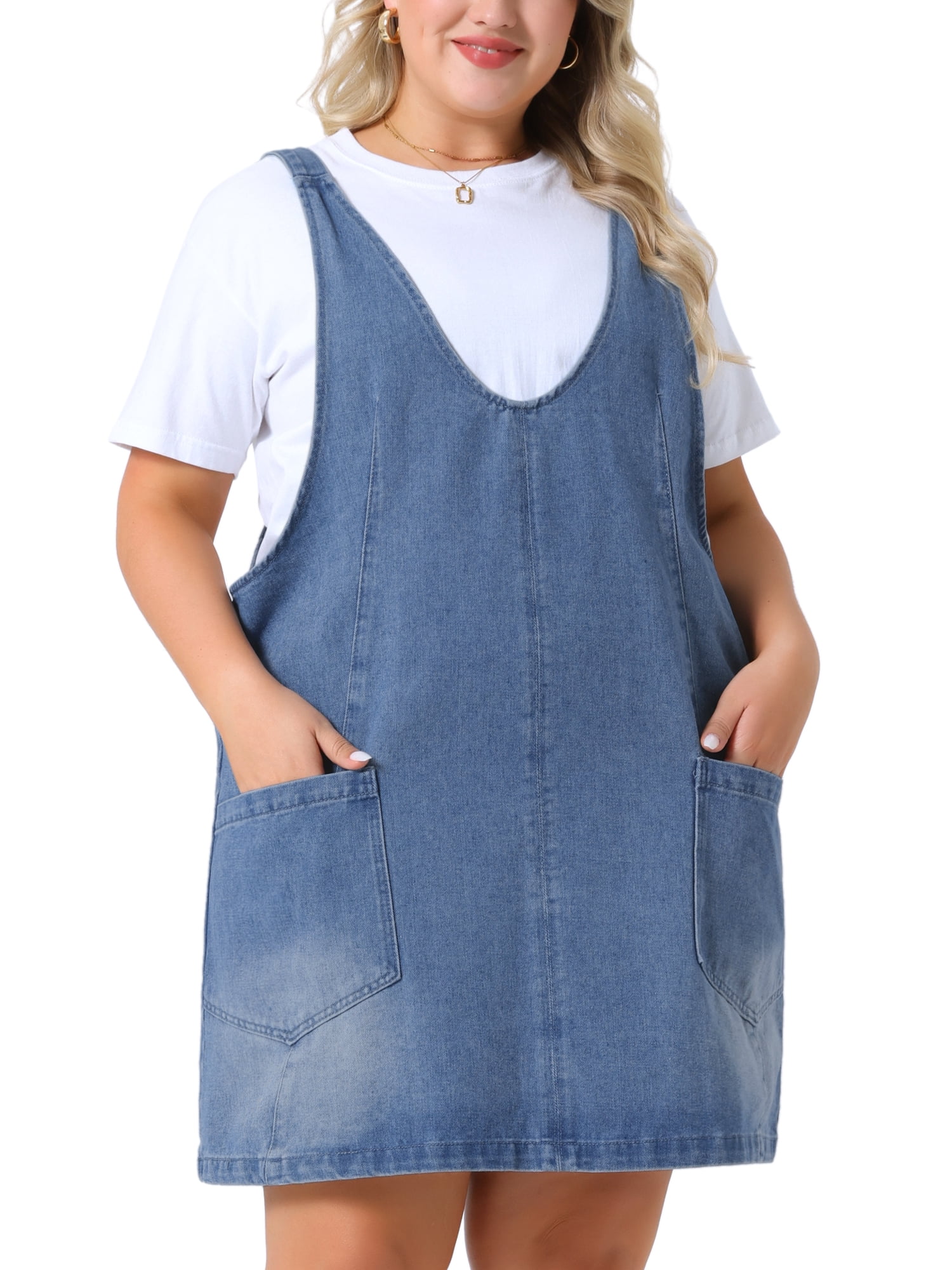 DARING DIVA Women's Plus Denim Overall Sleeveless V Neck Denim Jumper Dress 3X Sky Blue